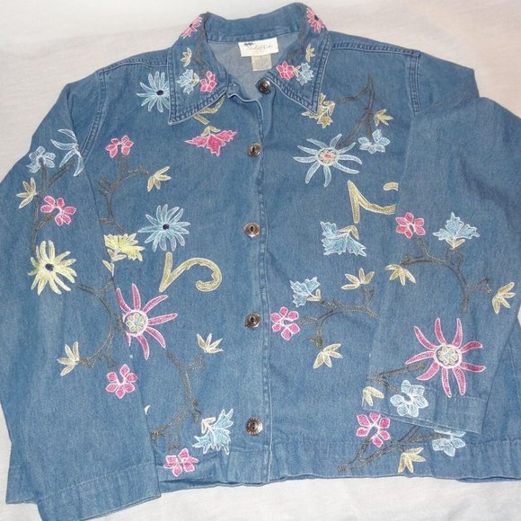 Studio Works Denim Jacket Embroidered Flowers Sz S - Picture 1 of 12